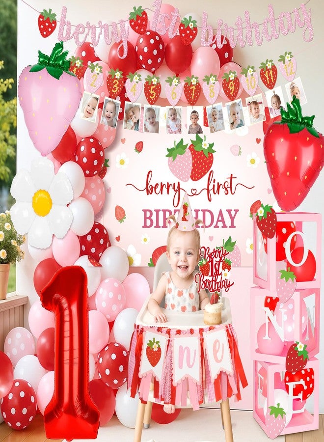Kriyokiaa Berry First Birthday Decor Strawberry 1st Birthday Decorations for Girls with Pink Red Balloon Arch, Highchair Banner Strawberry Theme Backdrop, Photo Banner, Cake Topper - Image 4